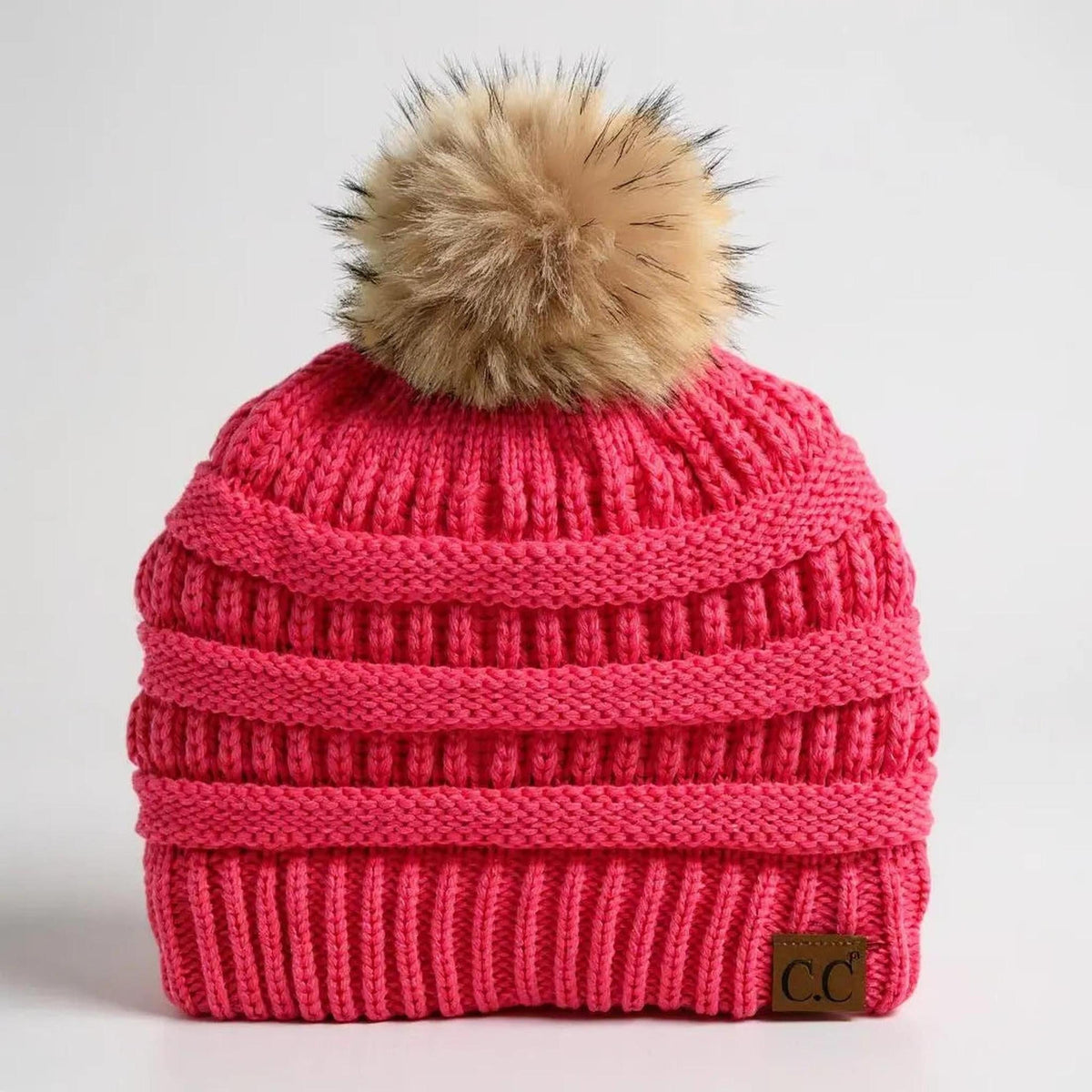 C.C® Trending Cable - Knit Tan Pom Beanie - Unisex Soft Acrylic Winter Hat, One Size - Truly Contagious