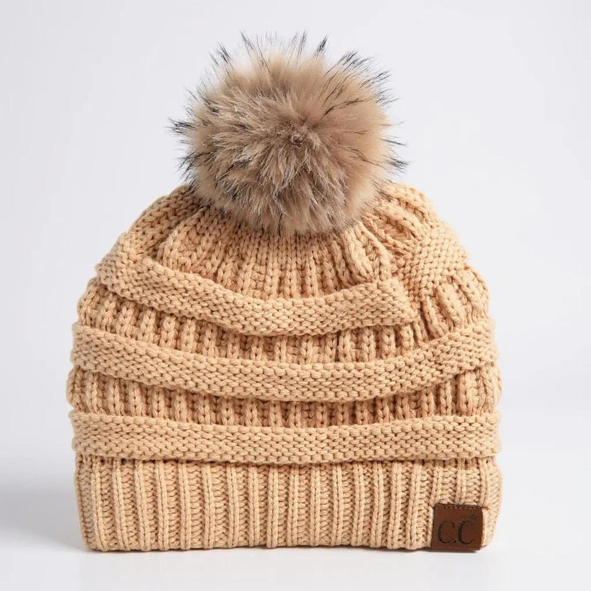 C.C® Trending Cable - Knit Tan Pom Beanie - Unisex Soft Acrylic Winter Hat, One Size - Truly Contagious
