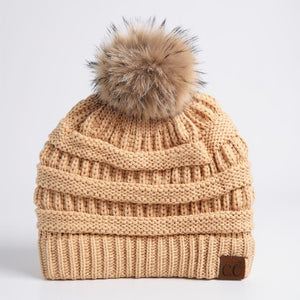 C.C® Trending Cable - Knit Tan Pom Beanie – Unisex Soft Acrylic Winter Hat, One Size - Truly Contagious