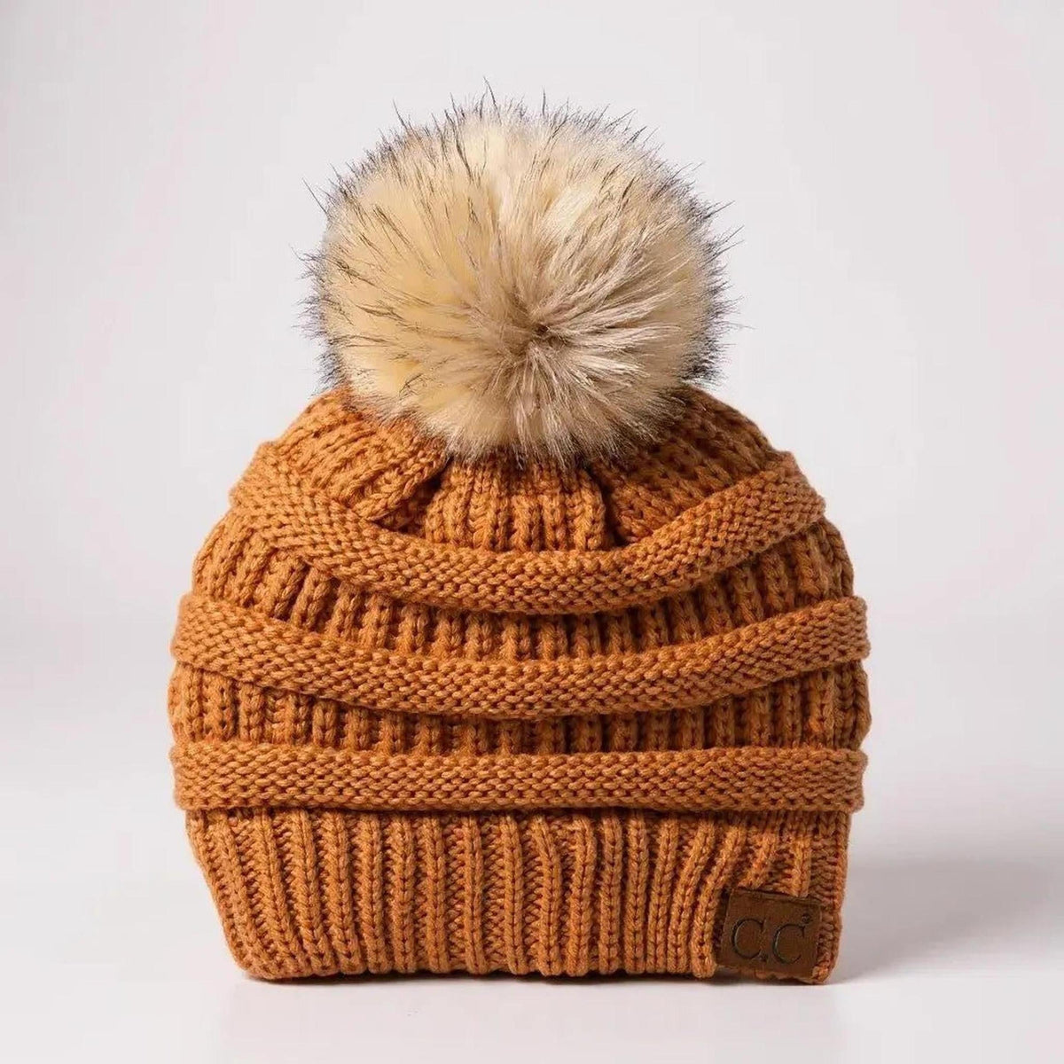 C.C® Trending Cable - Knit Tan Pom Beanie - Unisex Soft Acrylic Winter Hat, One Size - Truly Contagious