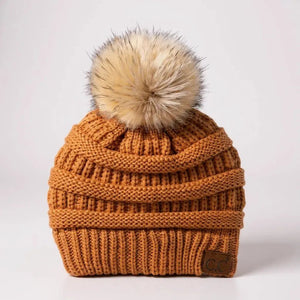 C.C® Trending Cable - Knit Tan Pom Beanie – Unisex Soft Acrylic Winter Hat, One Size - Truly Contagious