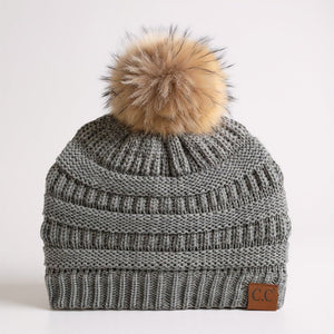 C.C® Trending Cable - Knit Tan Pom Beanie – Unisex Soft Acrylic Winter Hat, One Size - Truly Contagious