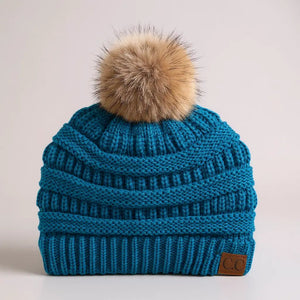 C.C® Trending Cable - Knit Tan Pom Beanie – Unisex Soft Acrylic Winter Hat, One Size - Truly Contagious