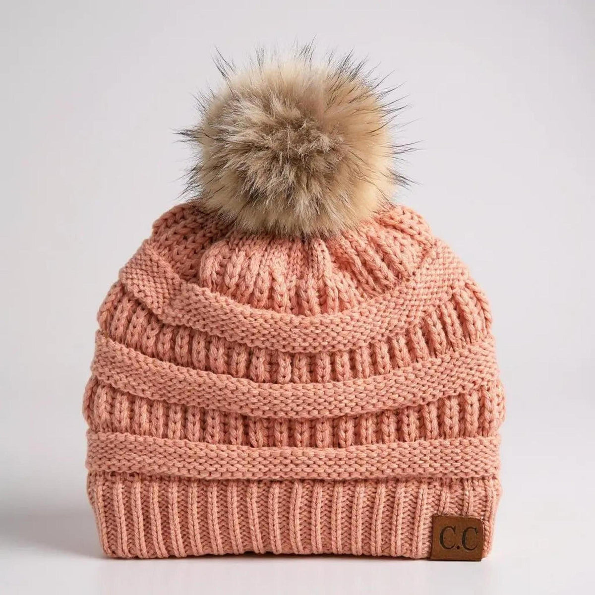 C.C® Trending Cable - Knit Tan Pom Beanie - Unisex Soft Acrylic Winter Hat, One Size - Truly Contagious