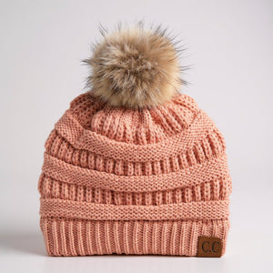 C.C® Trending Cable - Knit Tan Pom Beanie – Unisex Soft Acrylic Winter Hat, One Size - Truly Contagious