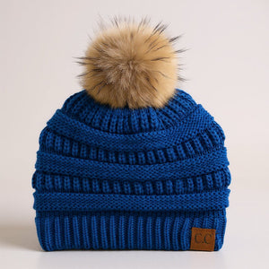 C.C® Trending Cable - Knit Tan Pom Beanie – Unisex Soft Acrylic Winter Hat, One Size - Truly Contagious