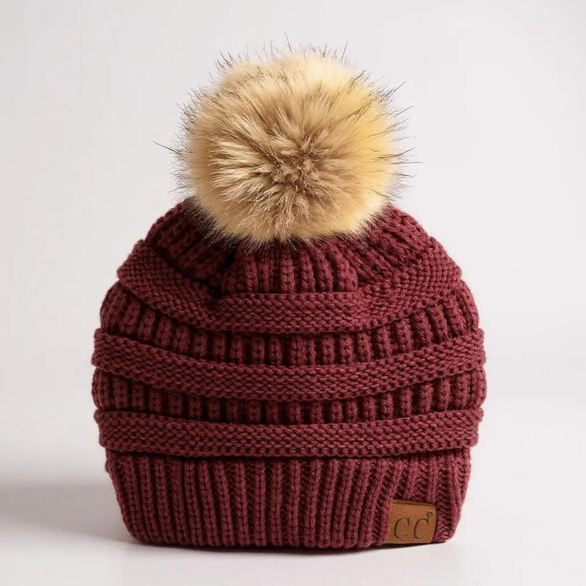 C.C® Trending Cable - Knit Tan Pom Beanie - Unisex Soft Acrylic Winter Hat, One Size - Truly Contagious