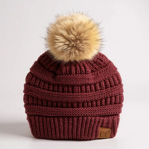 C.C® Trending Cable - Knit Tan Pom Beanie – Unisex Soft Acrylic Winter Hat, One Size - Truly Contagious