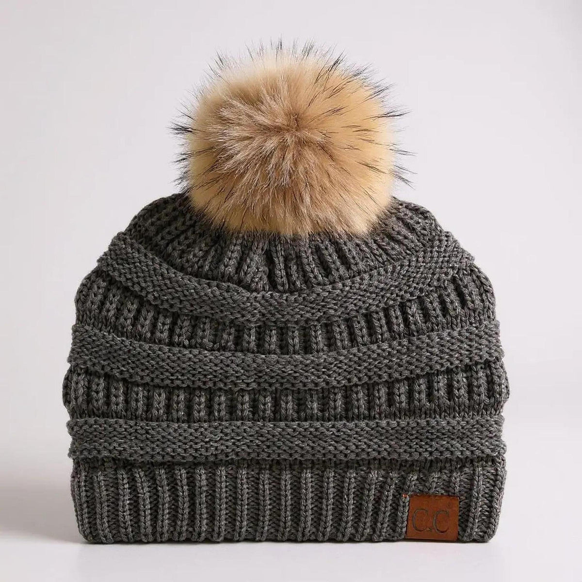 C.C® Trending Cable - Knit Tan Pom Beanie - Unisex Soft Acrylic Winter Hat, One Size - Truly Contagious