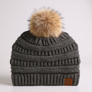 C.C® Trending Cable - Knit Tan Pom Beanie – Unisex Soft Acrylic Winter Hat, One Size - Truly Contagious