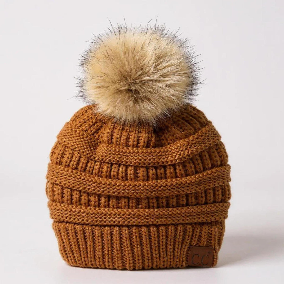 C.C® Trending Cable - Knit Tan Pom Beanie - Unisex Soft Acrylic Winter Hat, One Size - Truly Contagious