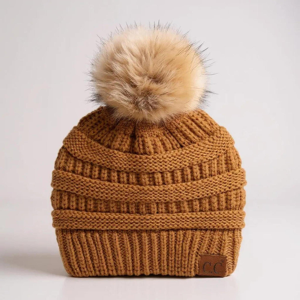C.C® Trending Cable - Knit Tan Pom Beanie - Unisex Soft Acrylic Winter Hat, One Size - Truly Contagious