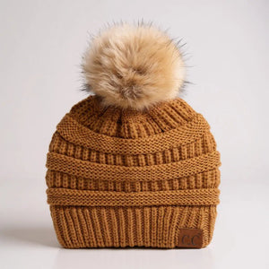 C.C® Trending Cable - Knit Tan Pom Beanie – Unisex Soft Acrylic Winter Hat, One Size - Truly Contagious