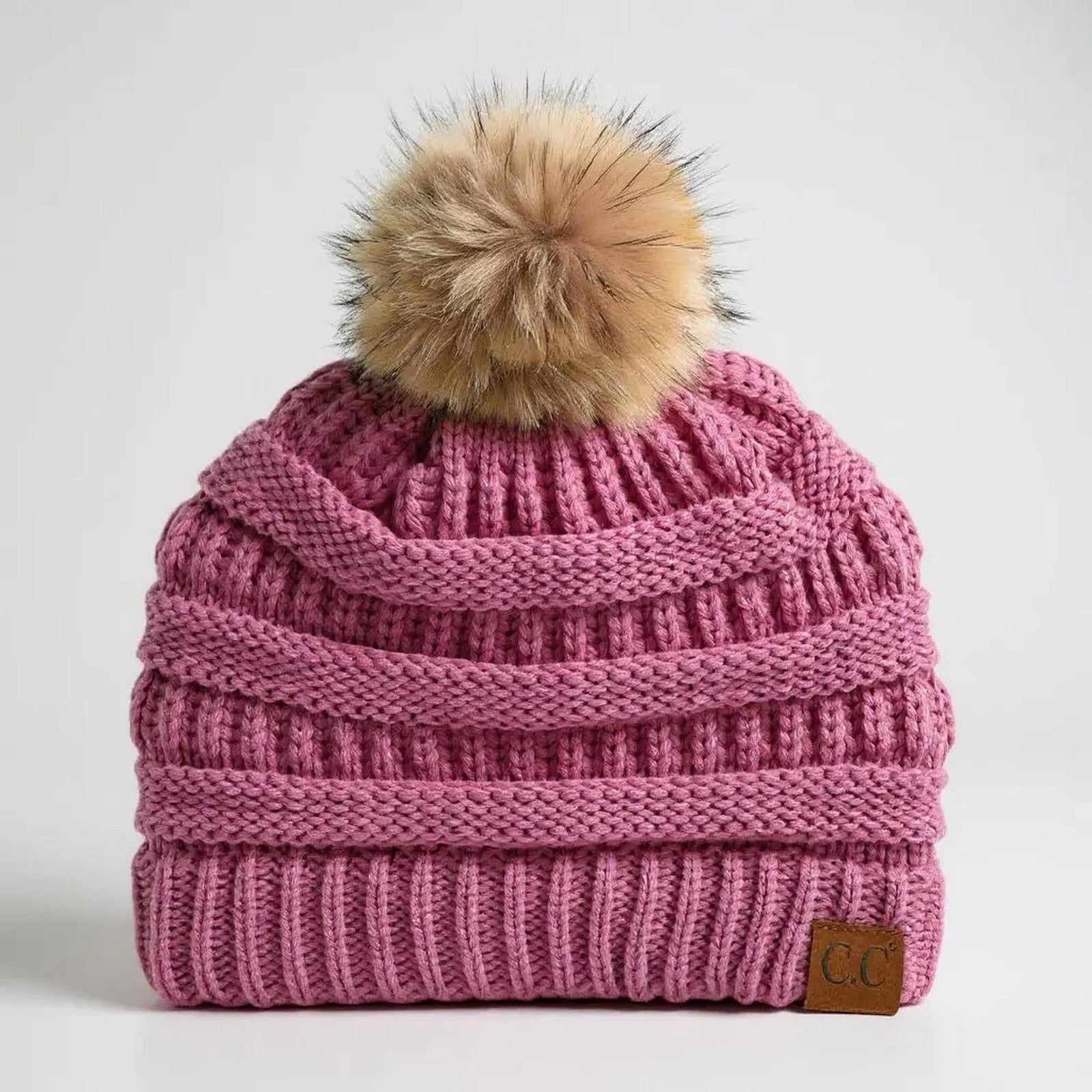 C.C® Trending Cable - Knit Tan Pom Beanie - Unisex Soft Acrylic Winter Hat, One Size - Truly Contagious