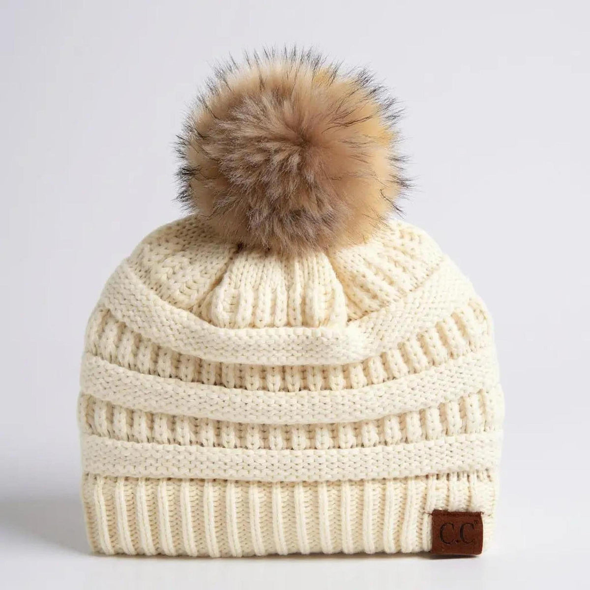 C.C® Trending Cable - Knit Tan Pom Beanie - Unisex Soft Acrylic Winter Hat, One Size - Truly Contagious