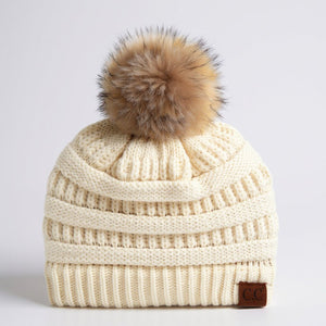 C.C® Trending Cable - Knit Tan Pom Beanie – Unisex Soft Acrylic Winter Hat, One Size - Truly Contagious