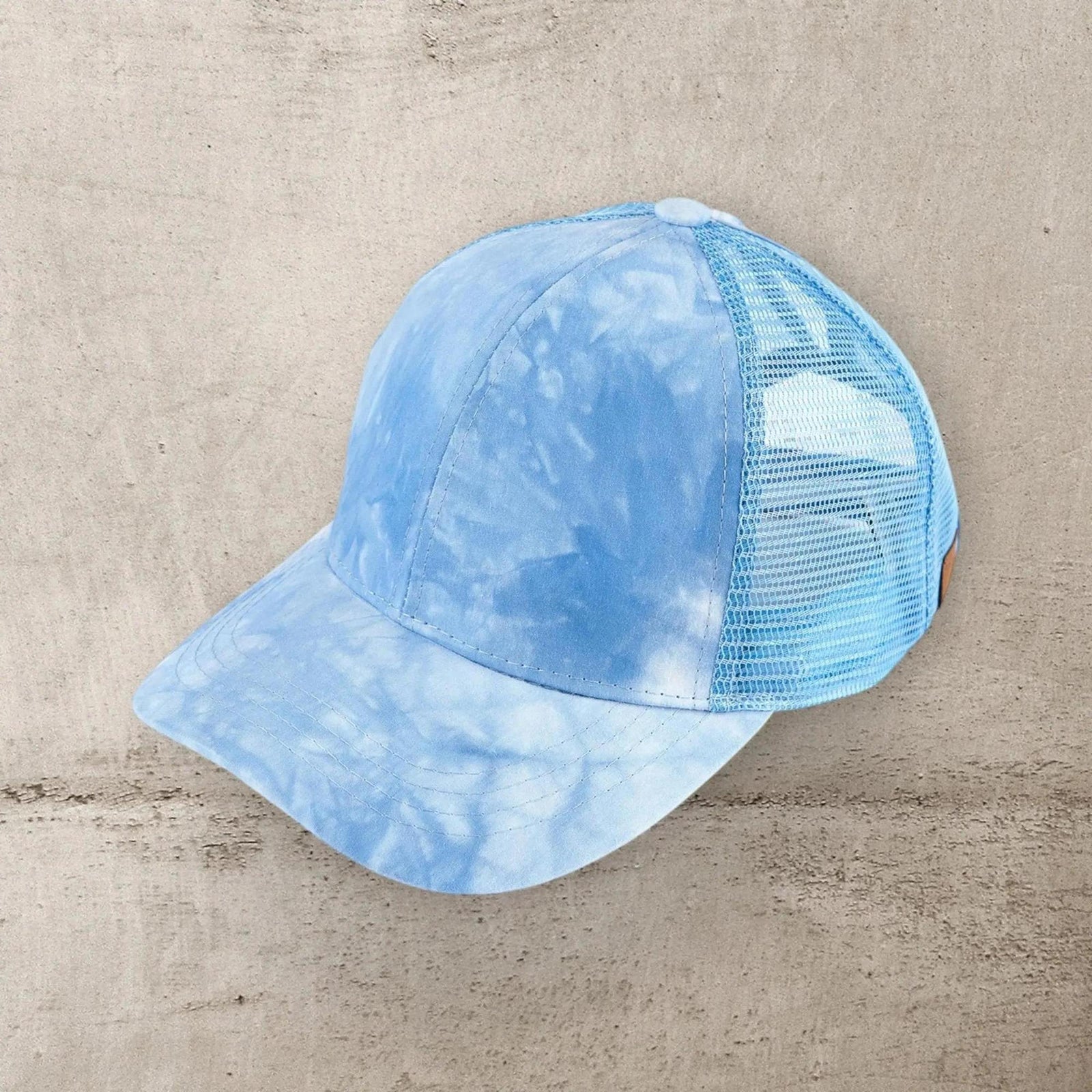 C.C® Watercolor Messy Bun Trucker Cap - Ponytail Access, Adjustable Hook - and - Loop, Mesh Back - Truly Contagious