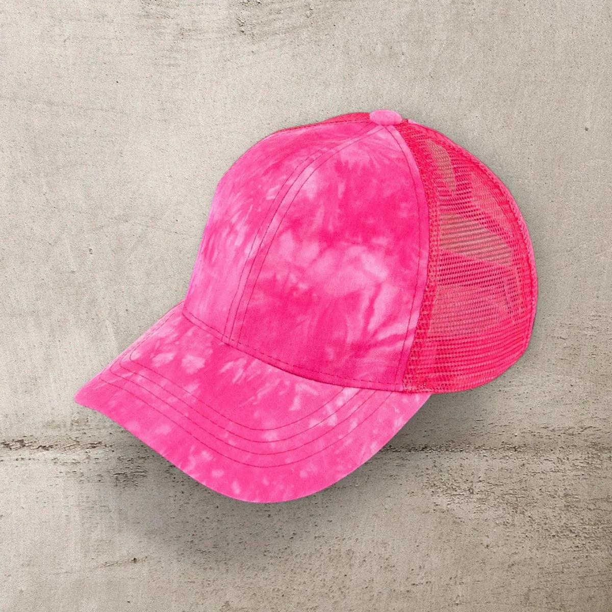 C.C® Watercolor Messy Bun Trucker Cap - Ponytail Access, Adjustable Hook - and - Loop, Mesh Back - Truly Contagious