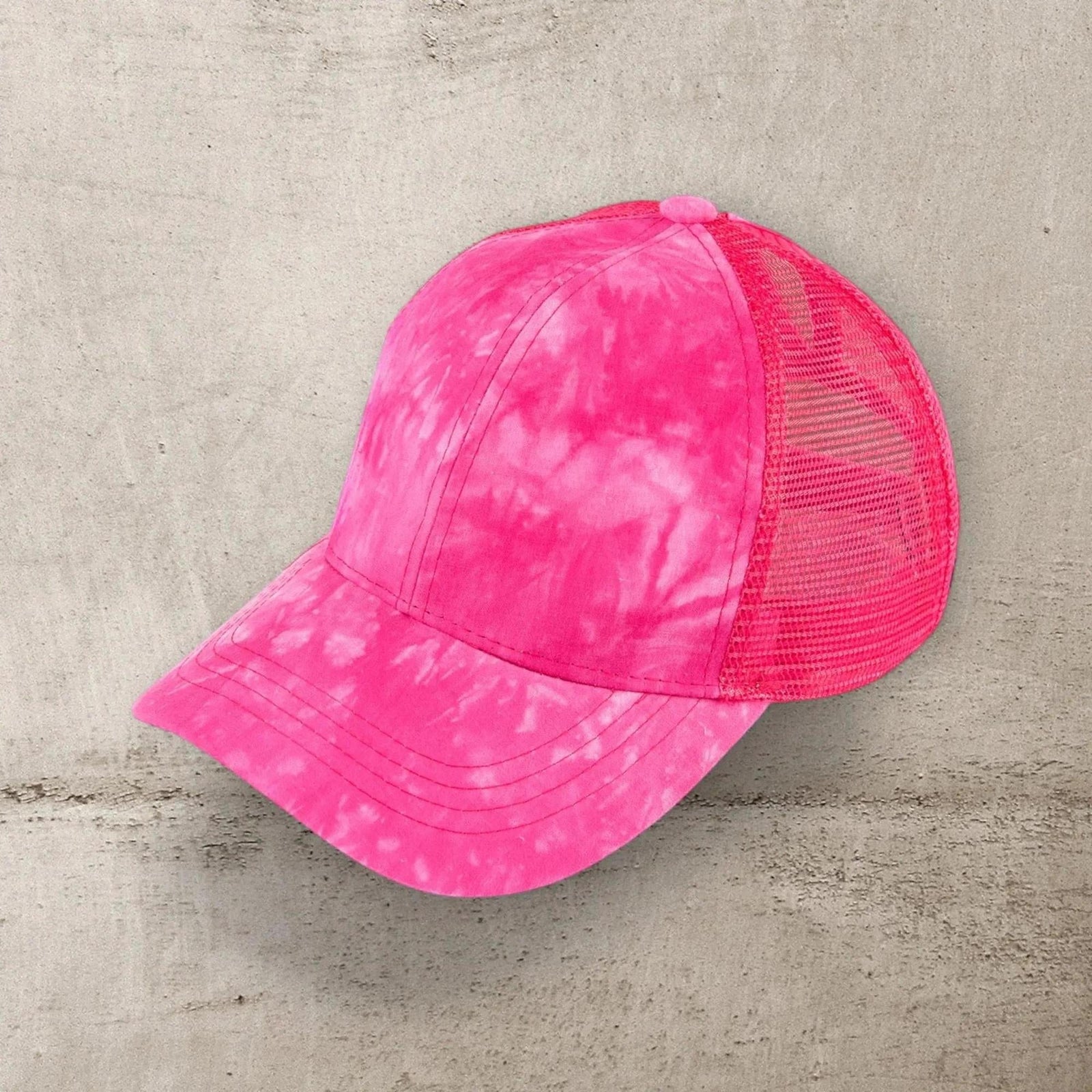 C.C® Watercolor Messy Bun Trucker Cap - Ponytail Access, Adjustable Hook - and - Loop, Mesh Back - Truly Contagious