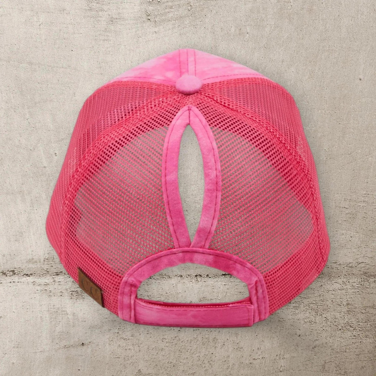 C.C® Watercolor Messy Bun Trucker Cap - Ponytail Access, Adjustable Hook - and - Loop, Mesh Back - Truly Contagious