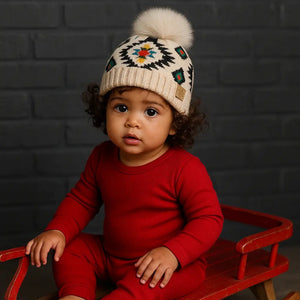 Southwestern Baby/Toddler CC® Beanie with Plush Pom – Slouchy or Fold - Up Cuff, One Size Newborn–12M - Truly Contagious