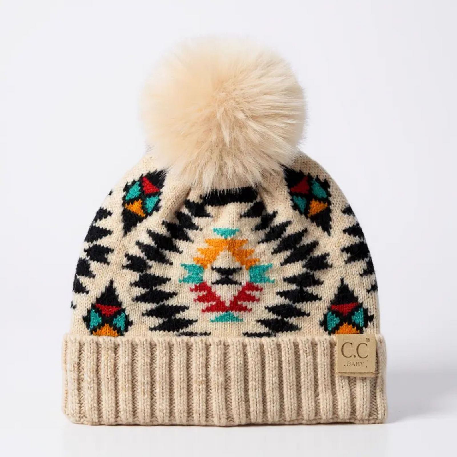 Southwestern Baby/Toddler CC® Beanie with Plush Pom - Slouchy or Fold - Up Cuff, One Size Newborn-12M - Truly Contagious