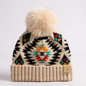 Southwestern Baby/Toddler CC® Beanie with Plush Pom – Slouchy or Fold - Up Cuff, One Size Newborn–12M - Truly Contagious