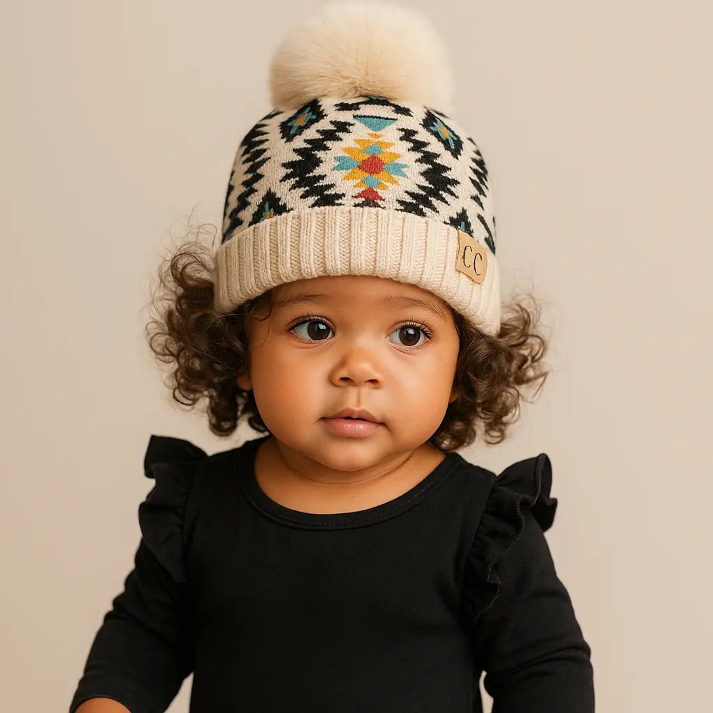 Southwestern Baby/Toddler CC® Beanie with Plush Pom – Slouchy or Fold - Up Cuff, One Size Newborn–12M - Truly Contagious