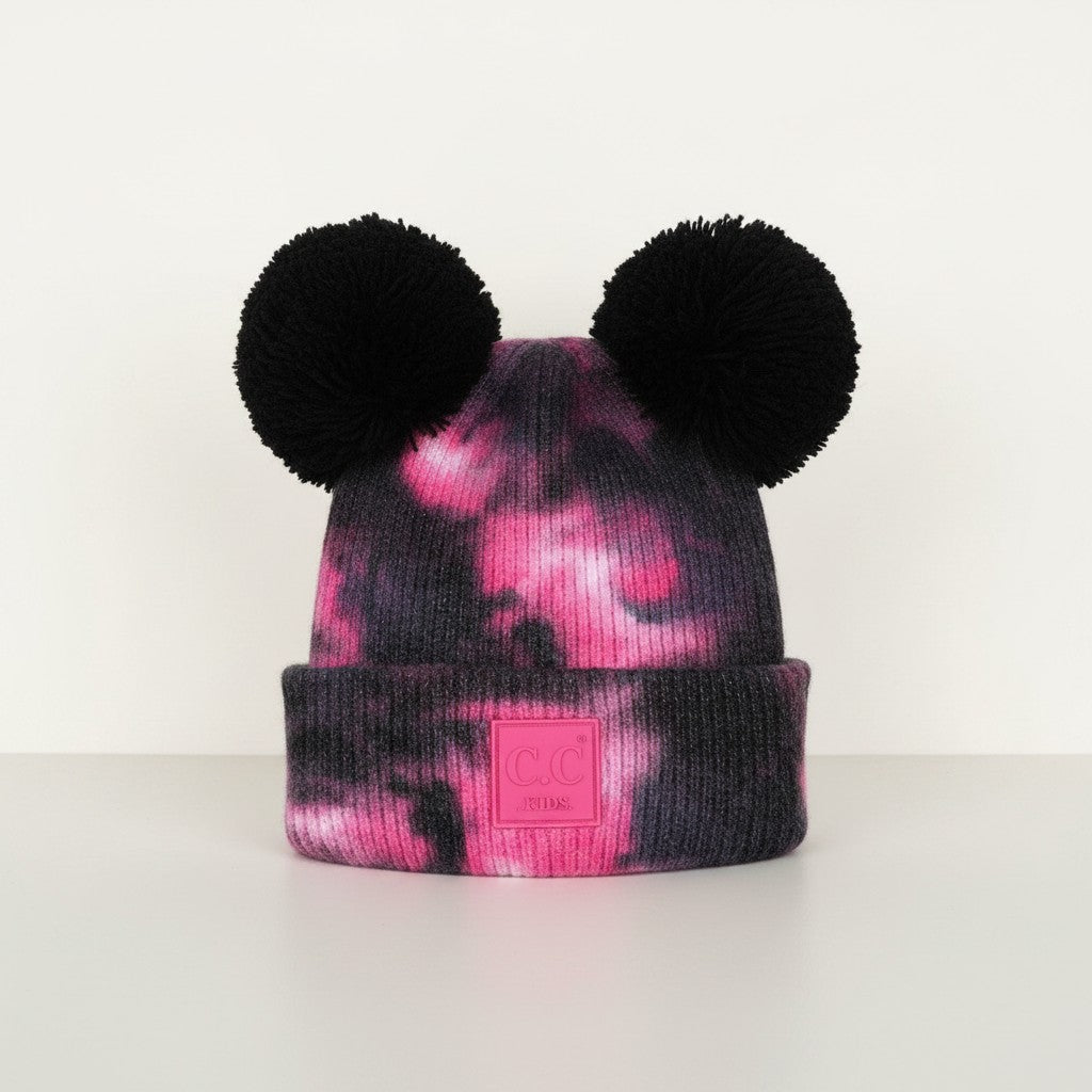 Truly Contagious baby beanie hat with pink and black tie-dye pattern and two black pom poms.