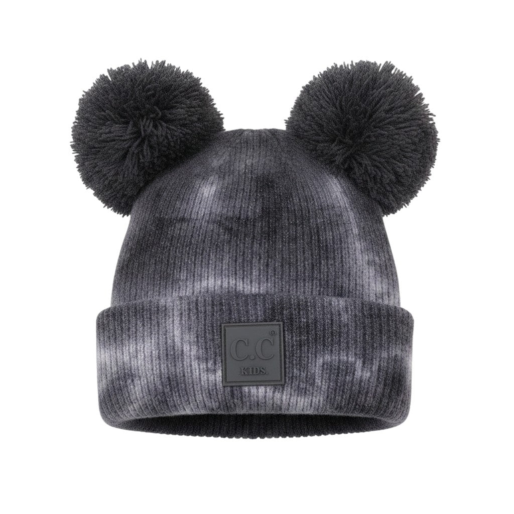 Truly Contagious grey tie-dye knit baby beanie with two grey pom-poms and a C.C. Kids patch.