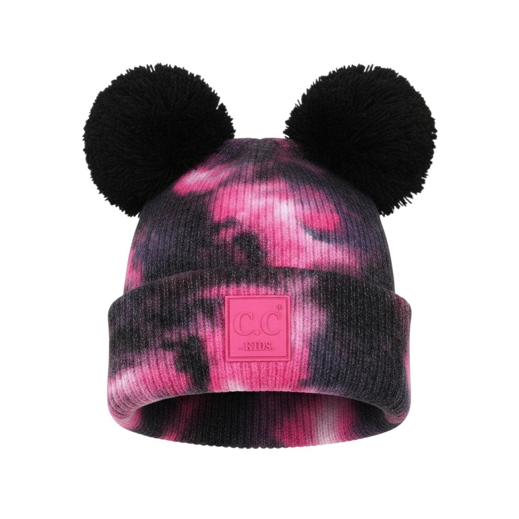 Truly Contagious pink and black tie-dye knit baby beanie with two black pom-poms and a pink CC Kids logo patch.
