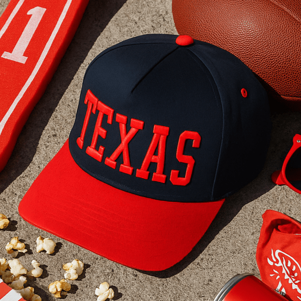 Texas Trucker Hat Red Navy Embroidered Snapback | Truly Contagious®