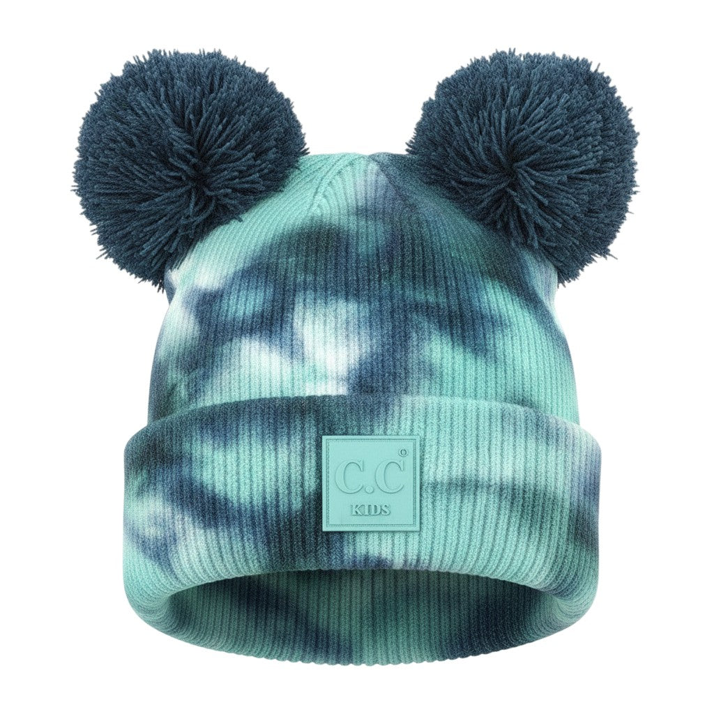 Truly Contagious blue and green tie-dye knit baby beanie with two navy blue pom poms and a C.C. Kids patch.