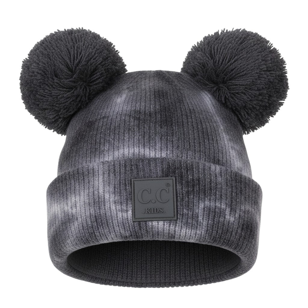 Truly Contagious grey tie-dye knit baby beanie with two large pom-poms and a C.C. Kids patch.