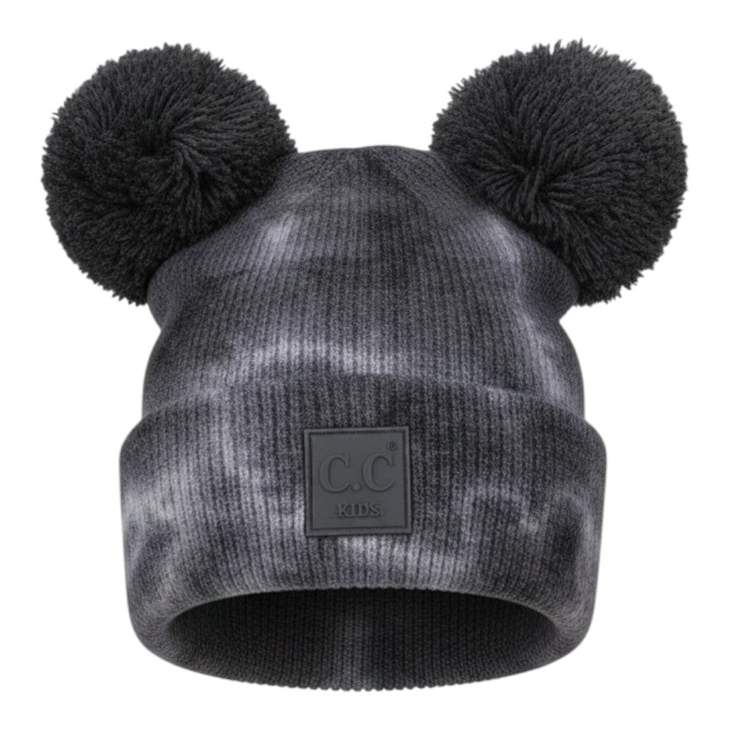 Truly Contagious black and grey tie-dye knit baby beanie with double pom-poms and C.C. Kids logo patch.