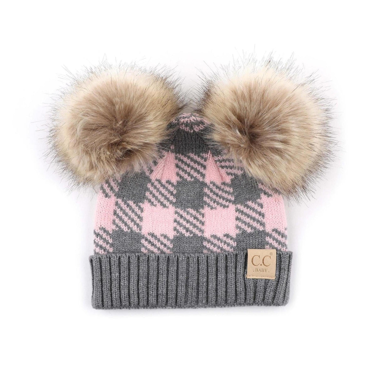 CC Baby and Kids Buffalo Plaid Double Pom Beanies Hats - Truly Contagious