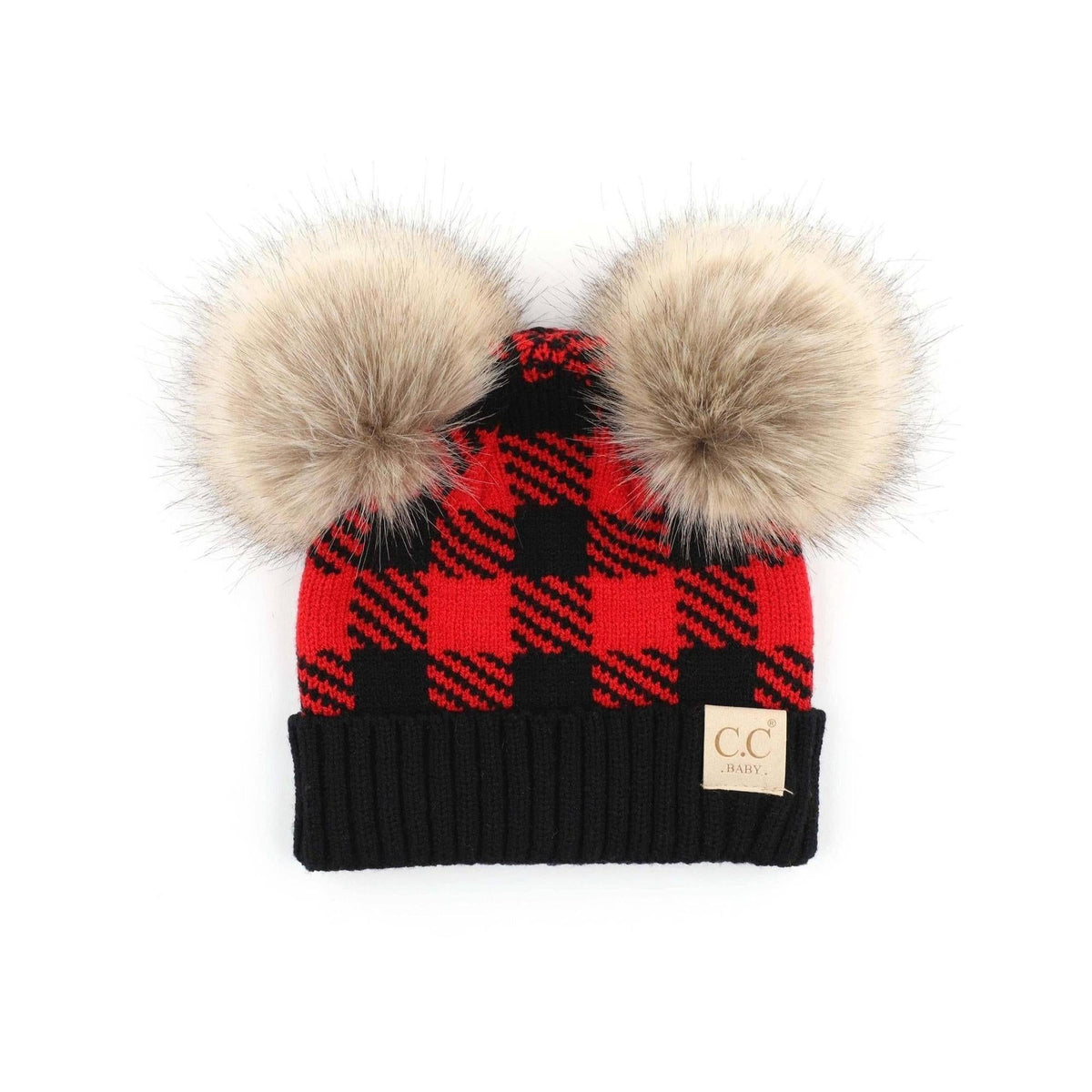 CC Baby and Kids Buffalo Plaid Double Pom Beanies Hats - Truly Contagious