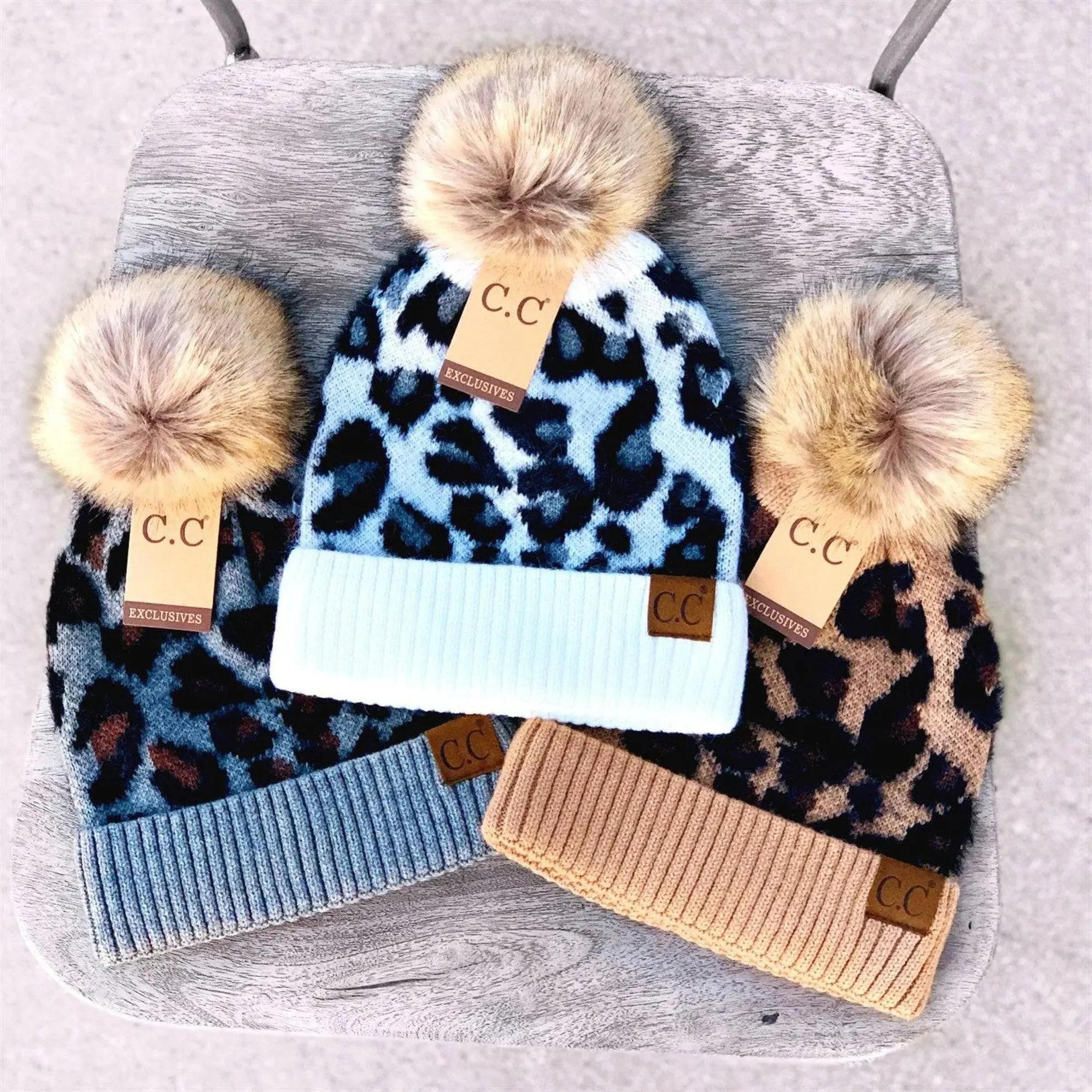 C.C. Exclusives Leopard Boucle Womens Knit Leopard Print Beanie Hat With Pom C.C Exclusives Leopard Print Tan & Black Beanie Knit Hat w  main image 2