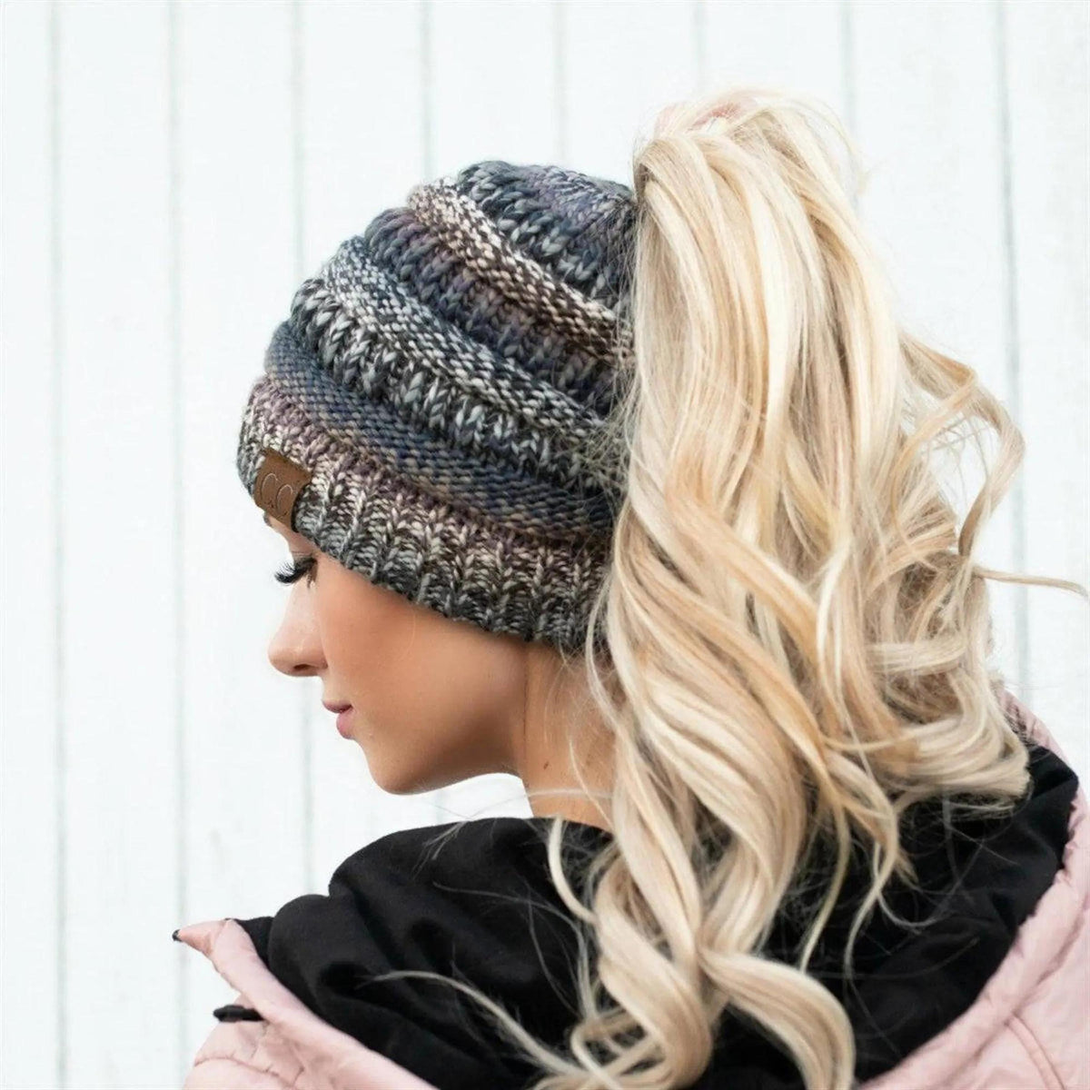 CC Bun/Pony Multi Colored Striped Beanie - Truly Contagious