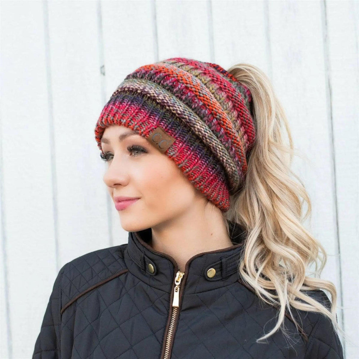 CC Bun/Pony Multi Colored Striped Beanie - Truly Contagious