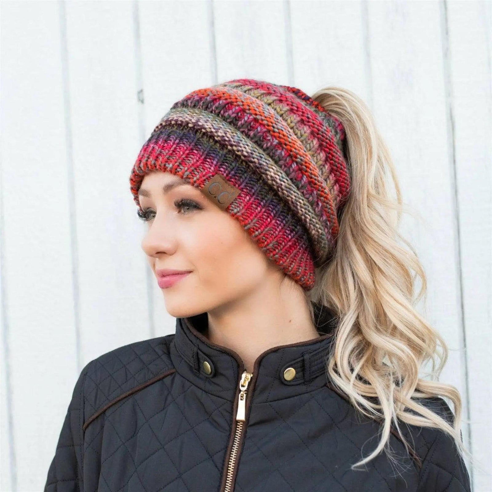 CC Bun/Pony Multi Colored Striped Beanie - Truly Contagious