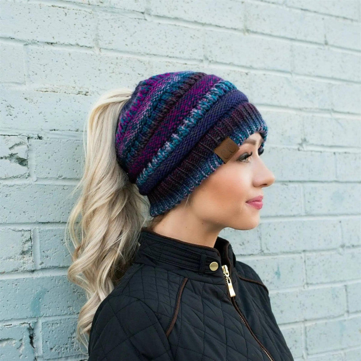 CC Bun/Pony Multi Colored Striped Beanie - Truly Contagious