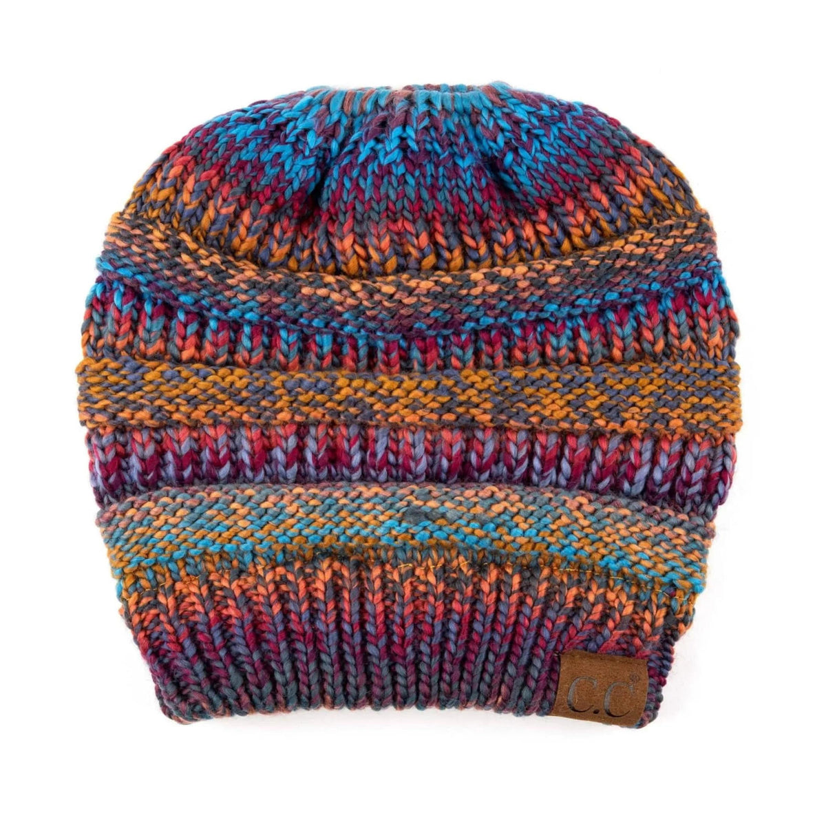 CC Bun/Pony Multi Colored Striped Beanie - Truly Contagious