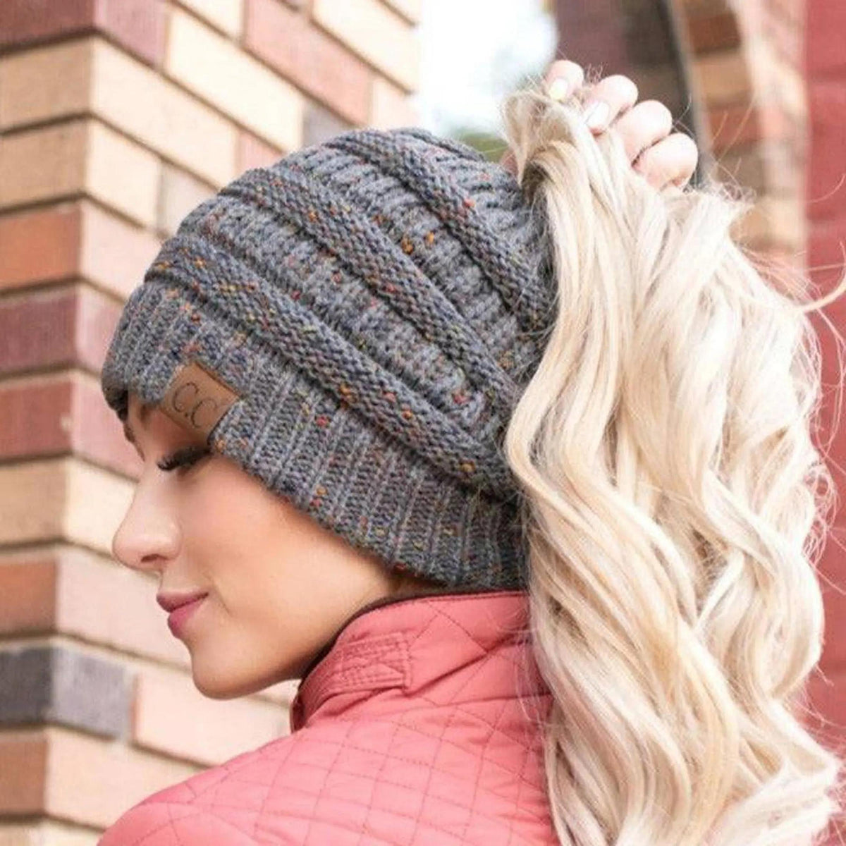 CC Cozy Confetti Bun Ponytail Beanies Hats - Truly Contagious