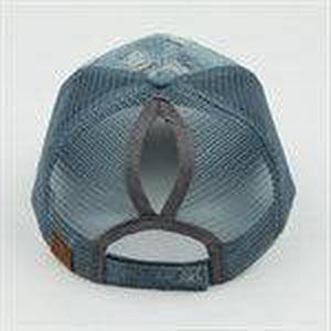 CC Destroyed Denim Messy Bun Pony Cap Women, Teens and Kids Trucker Hats - Truly Contagious