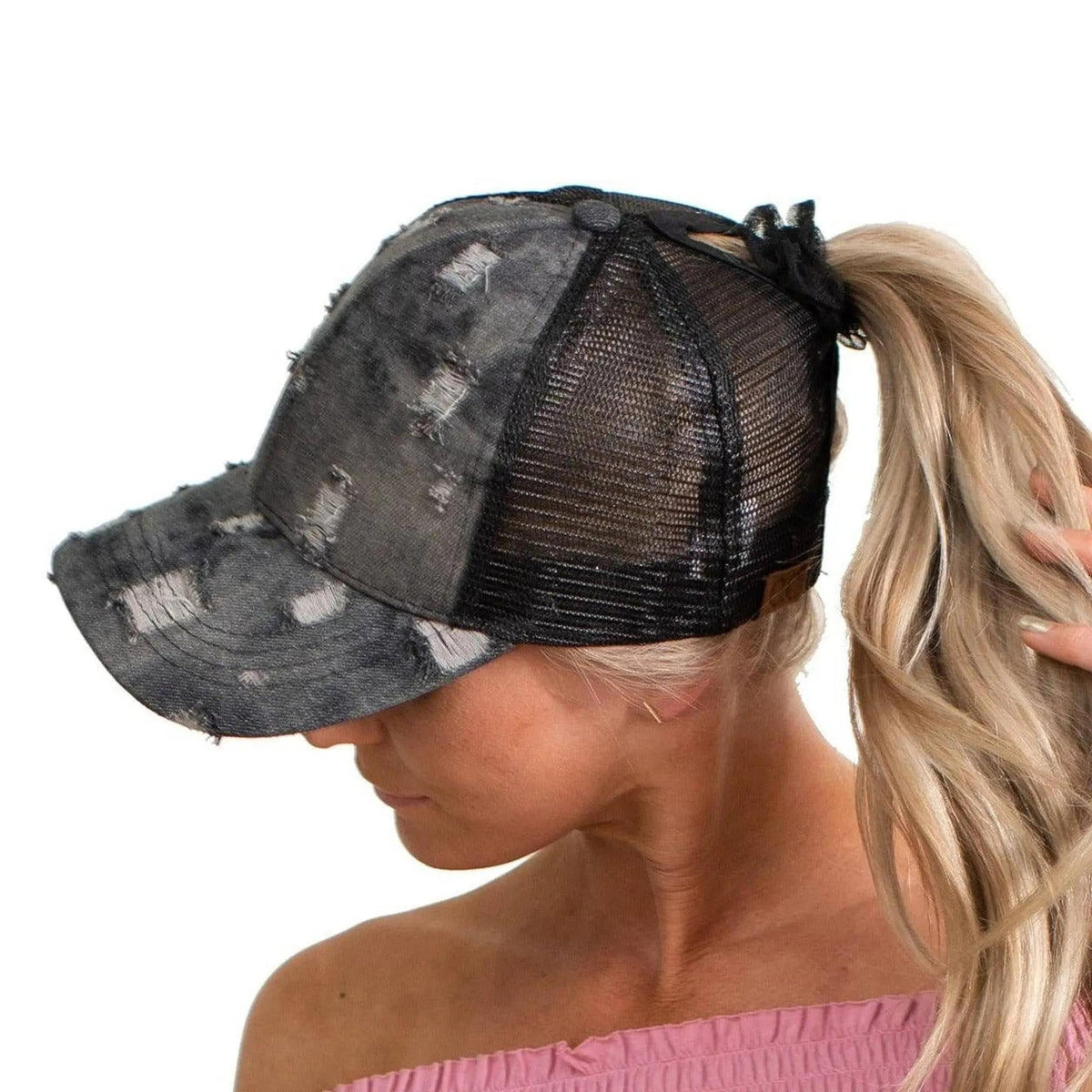 CC Destroyed Denim Messy Bun Pony Cap Women, Teens and Kids Trucker Hats - Truly Contagious