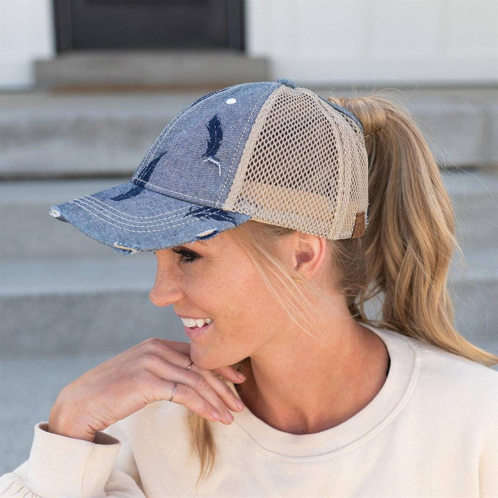 CC Leaf Motif Jacquard Denim Messy Bun Pony Cap Women, Teens and Kids Trucker Hats - Truly Contagious
