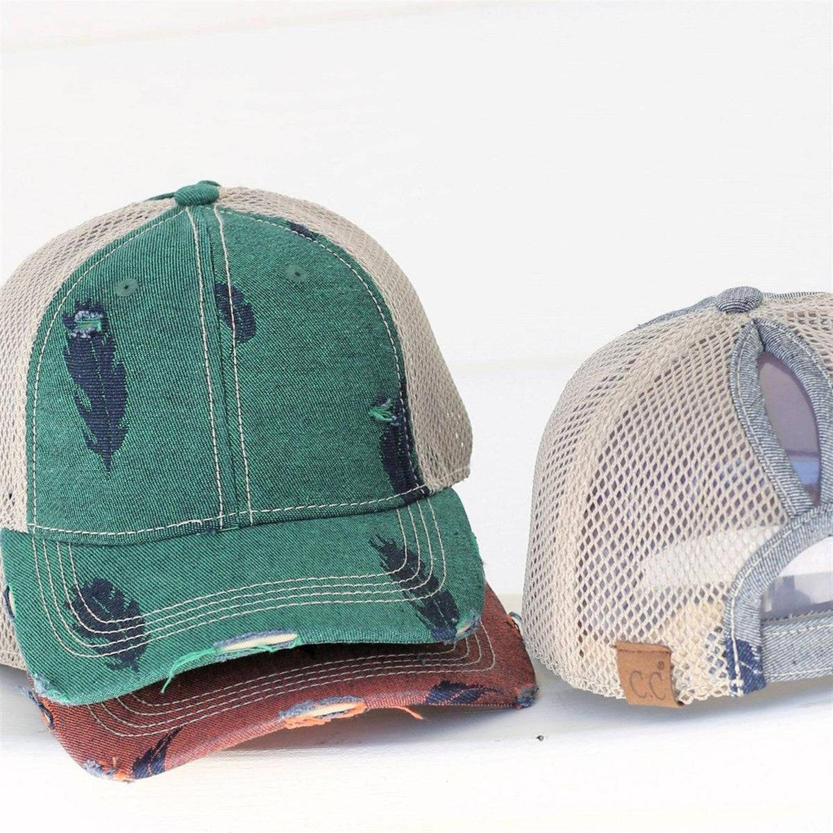 CC Leaf Motif Jacquard Denim Messy Bun Pony Cap Women, Teens and Kids Trucker Hats - Truly Contagious