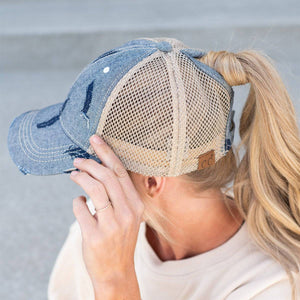 CC Leaf Motif Jacquard Denim Messy Bun Pony Cap Women, Teens and Kids Trucker Hats - Truly Contagious