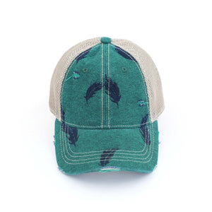 CC Leaf Motif Jacquard Denim Messy Bun Pony Cap Women, Teens and Kids Trucker Hats - Truly Contagious